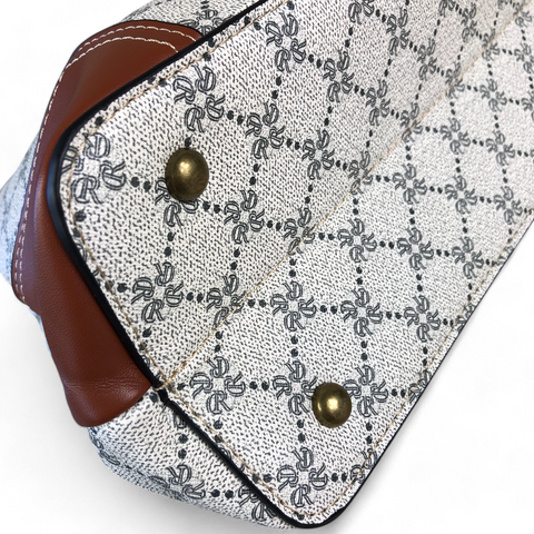 Printed IVORY PU Leather Cotton Road Handbag with TAN Trim