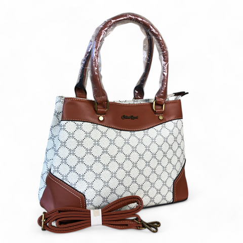 Printed IVORY PU Leather Cotton Road Handbag with TAN Trim