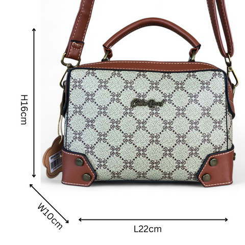 Printed KHAKI Cotton Road PU Leather Sling Bag with TAN Trim
