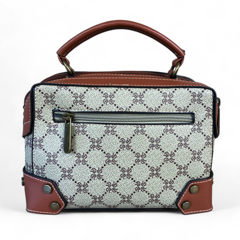 Printed KHAKI Cotton Road PU Leather Sling Bag with TAN Trim