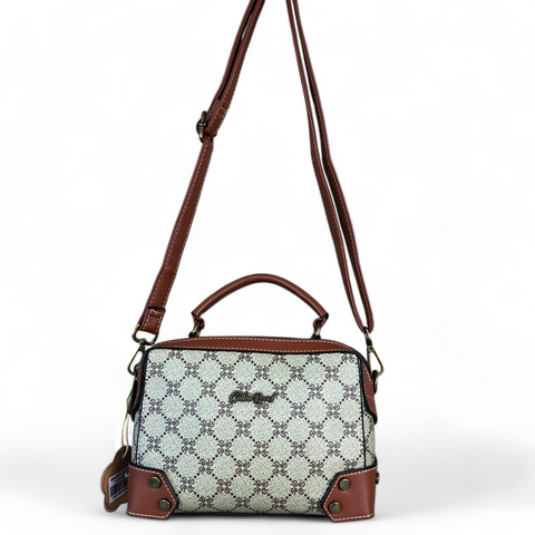 Printed KHAKI Cotton Road PU Leather Sling Bag with TAN Trim