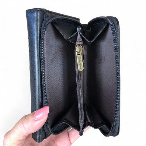 Small BLACK Tri-fold Cotton Road PU Leather Wallet with PROTEA Print