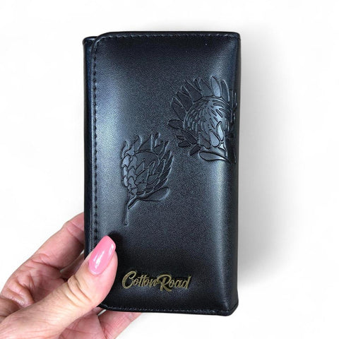 Small BLACK Tri-fold Cotton Road PU Leather Wallet with PROTEA Print
