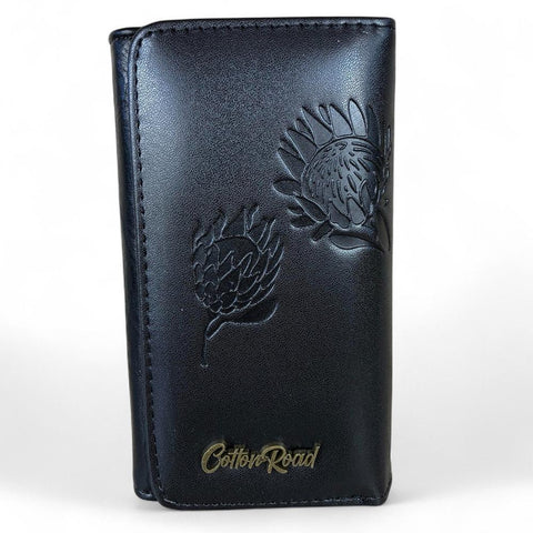 Small BLACK Tri-fold Cotton Road PU Leather Wallet with PROTEA Print