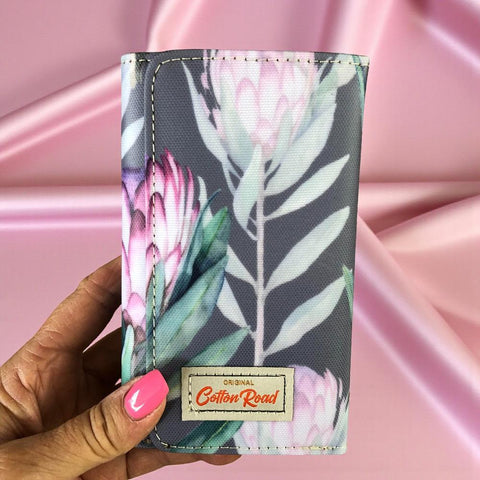 Small GREY Cotton Road Tri-fold PVC Wallet with PROTEAS