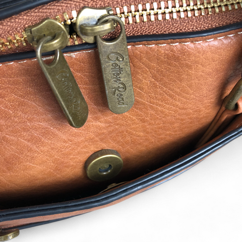 TAN BROWN Cotton Road PU Leather Handbag with Printed Panel