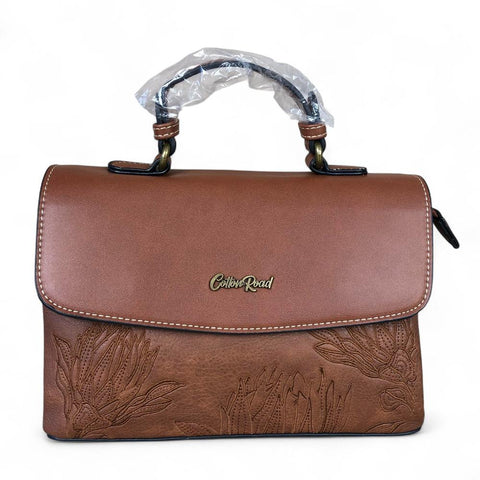 TAN BROWN PU Leather Cotton Road Handbag with EMBROIDERED PROTEAS