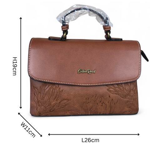 TAN BROWN PU Leather Cotton Road Handbag with EMBROIDERED PROTEAS