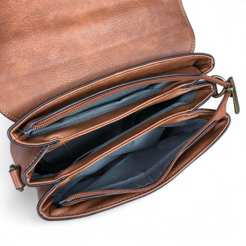 TAN BROWN PU Leather Cotton Road Handbag with EMBROIDERED PROTEAS