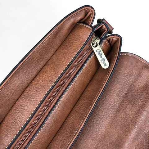 TAN BROWN PU Leather Cotton Road Handbag with EMBROIDERED PROTEAS