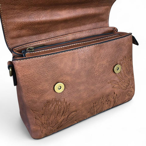 TAN BROWN PU Leather Cotton Road Handbag with EMBROIDERED PROTEAS