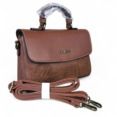 TAN BROWN PU Leather Cotton Road Handbag with EMBROIDERED PROTEAS