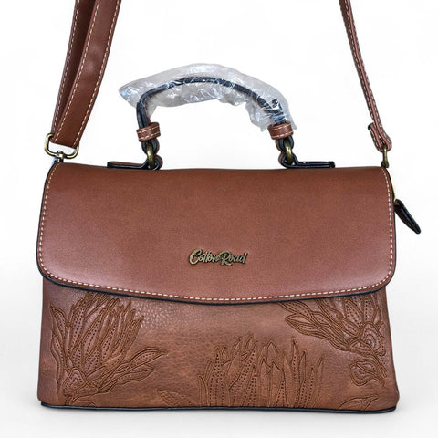 TAN BROWN PU Leather Cotton Road Handbag with EMBROIDERED PROTEAS