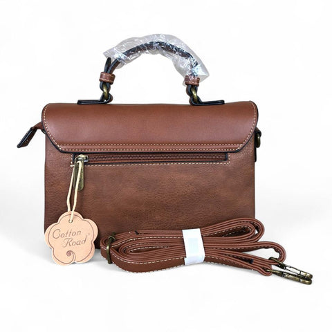 TAN BROWN PU Leather Cotton Road Handbag with EMBROIDERED PROTEAS