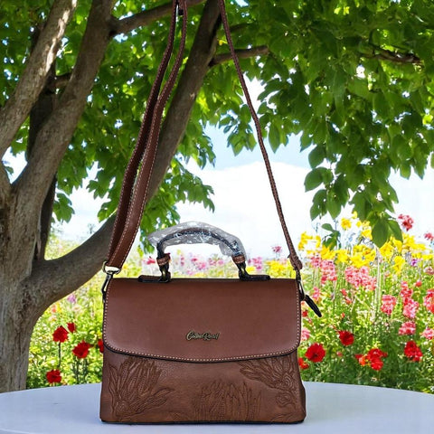 TAN BROWN PU Leather Cotton Road Handbag with EMBROIDERED PROTEAS