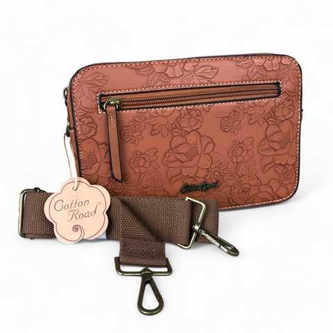 TAN BROWN PU Leather Cotton Road Sling Bag with EMBOSSED FLOWERS