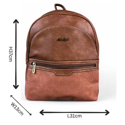 TAN PU Leather Backpack with Patterned Panel