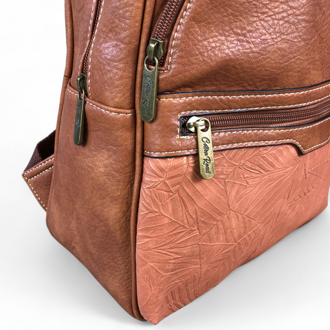 TAN PU Leather Backpack with Patterned Panel
