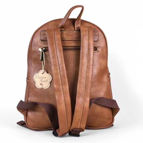 TAN PU Leather Backpack with Patterned Panel