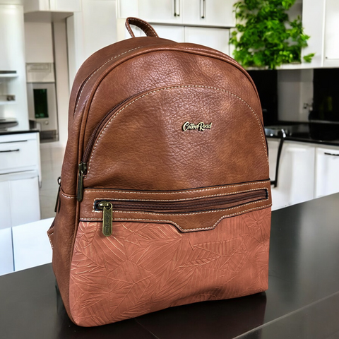 TAN PU Leather Backpack with Patterned Panel