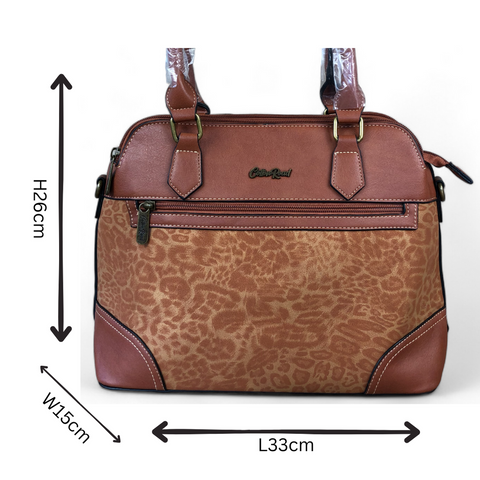 TAN PU Leather Cotton Road Handbag with LEOPARD PRINT Panel