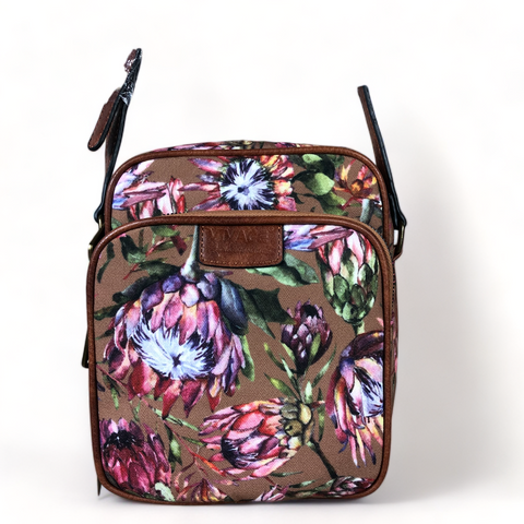 VIVACE BROWN Canvas Sling Bag with BROWN TRIM and PROTEAS