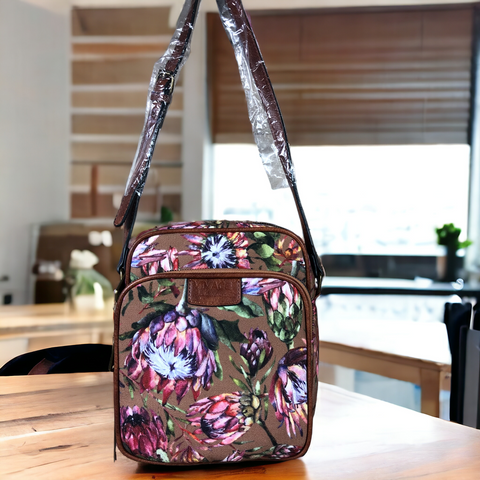 VIVACE BROWN Canvas Sling Bag with PROTEAS