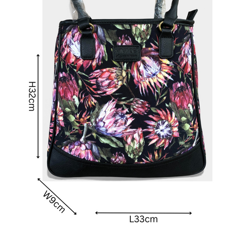 VIVACE Handbag: BLACK Canvas Handbag with BLACK PU Leather Trim and PROTEA design