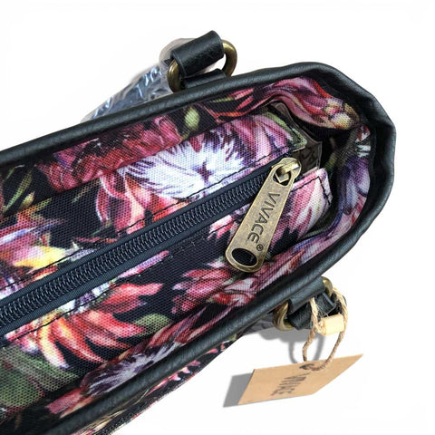 VIVACE Handbag: BLACK Canvas Handbag with BLACK PU Leather Trim and PROTEA design