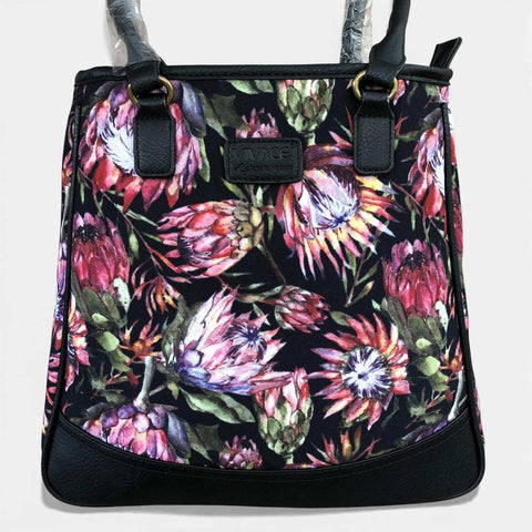 VIVACE Handbag: BLACK Canvas Handbag with BLACK PU Leather Trim and PROTEA design