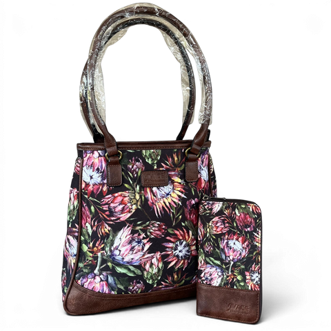 VIVACE Handbag: BLACK/BROWN Protea Canvas Handbag & Matching Wallet Set