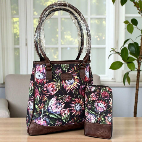 VIVACE Handbag: BLACK/BROWN Protea Canvas Handbag & Matching Wallet Set