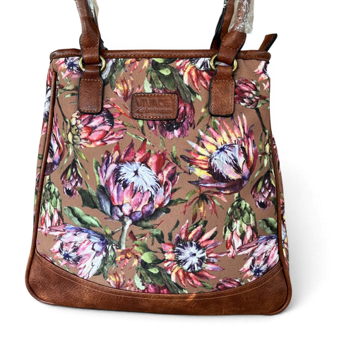 VIVACE Handbag: BROWN Canvas PROTEA with BROWN PU Leather Trim