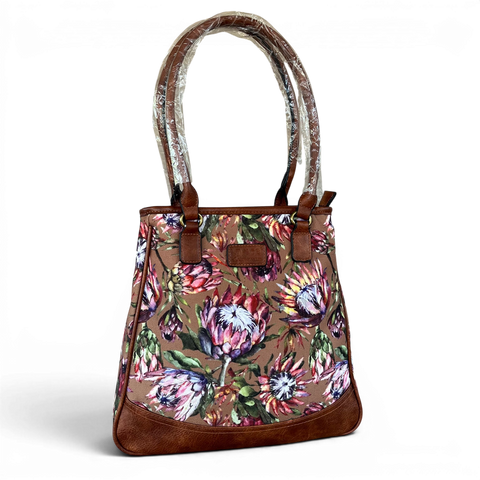 VIVACE Handbag: BROWN Canvas PROTEA with BROWN PU Leather Trim