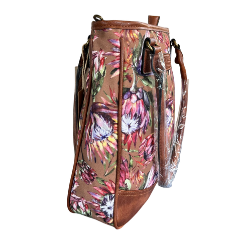 VIVACE Handbag: BROWN Canvas PROTEA with BROWN PU Leather Trim and Matching Wallet