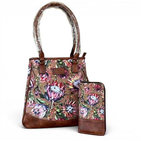 VIVACE Handbag: BROWN Canvas PROTEA with BROWN PU Leather Trim and Matching Wallet