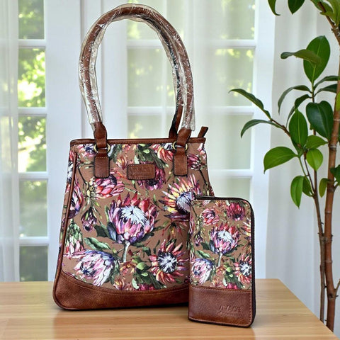 VIVACE Handbag: BROWN Canvas PROTEA with BROWN PU Leather Trim and Matching Wallet