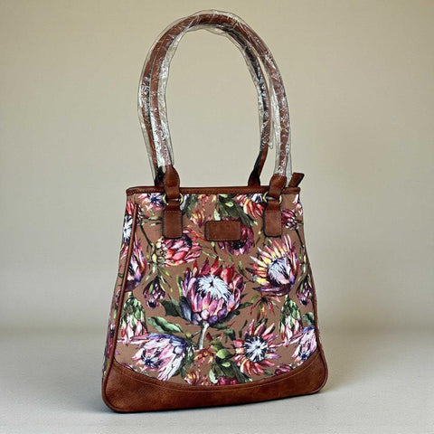 VIVACE Handbag: BROWN Canvas PROTEA with BROWN PU Leather Trim