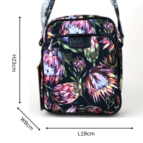 VIVACE Sling Bag: BLACK Canvas Sling Bag with BLACK TRIM and PROTEAS