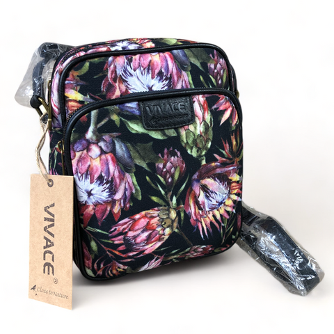 VIVACE Sling Bag: BLACK Canvas Sling Bag with BLACK TRIM and PROTEAS