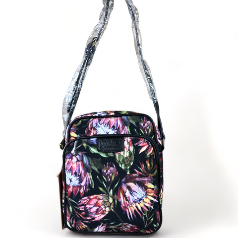 VIVACE Sling Bag: BLACK Canvas Sling Bag with BLACK TRIM and PROTEAS