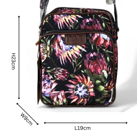 VIVACE Sling Bag: BLACK Canvas Sling Bag with BROWN TRIM and PROTEAS