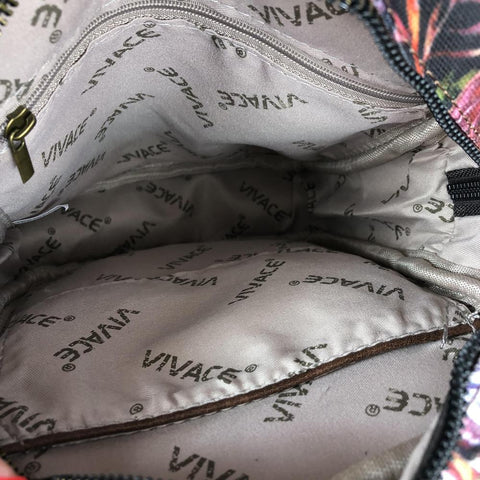 VIVACE Sling Bag: BLACK Canvas Sling Bag with BROWN TRIM and PROTEAS