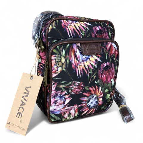 VIVACE Sling Bag: BLACK Canvas Sling Bag with BROWN TRIM and PROTEAS