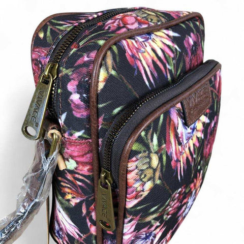 VIVACE Sling Bag: BLACK Protea Design Canvas Crossbody with BROWN TRIM