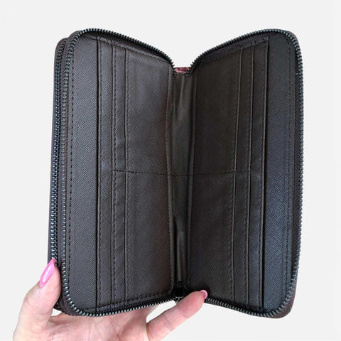 VIVACE Wallet: Large BLACK Canvas PROTEA Design with BROWN PU Leather Trim