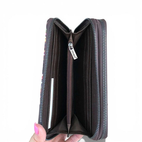 VIVACE Wallet: Large BLACK Canvas PROTEA Design with BROWN PU Leather Trim