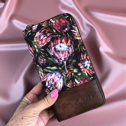 VIVACE Wallet: Large BLACK Canvas PROTEA Design with BROWN PU Leather Trim