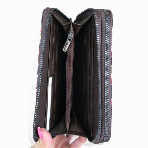 VIVACE Wallet: Large Black Canvas with Protea Design & Black PU Trim