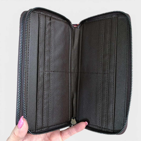 VIVACE Wallet: Large Black Canvas with Protea Design & Black PU Trim